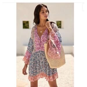 Anthropologie Boho Patchwork Floral Swim Cover-Up Dress Bell Sleeve Resortwear S